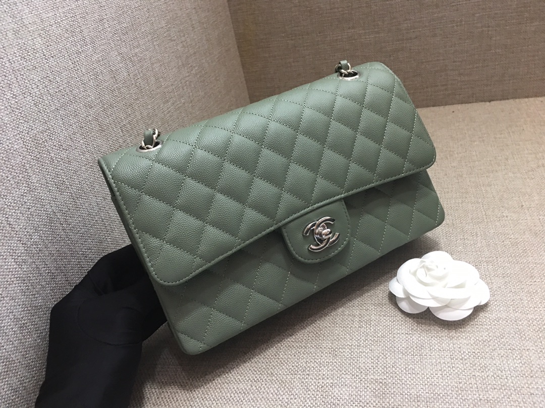 Medium Classic Flap Caviar Bag A01112 Gray Green/Silver